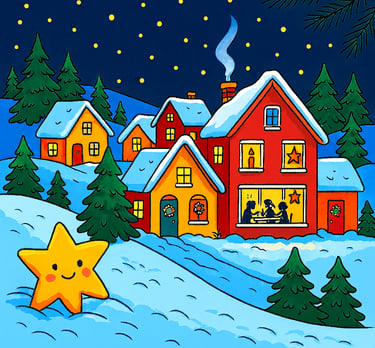 Ein Stern vor einem weihnachtlichen Dorf, aus "Lumi - Ein kleines Weihnachtswunder"