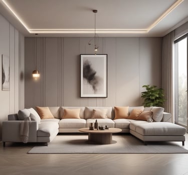 A well-decorated showroom with modern outdoor furniture including wicker chairs and tables, a sofa with cushions, and a carpeted floor. There's a mix of neutral and blue colors in the furnishings, along with decorative bird cages and potted plants. The large windows with white curtains allow plenty of natural light to brighten the space.