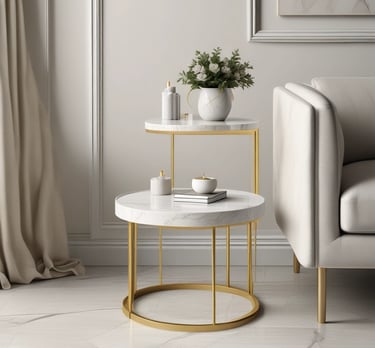 A laptop displaying a webpage with several interior design images is placed on a wooden table. Behind it, a gray couch and a round mirror on the wall can be seen, suggesting a cozy room setup. Soft lighting filters through sheer curtains in the background.