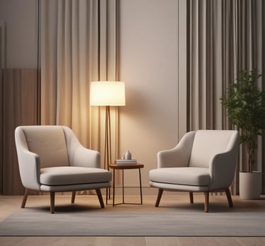 A modern furniture showroom displays a white couch adorned with a decorative red and white pillow. Two brown leather chairs flank the couch, placed on a patterned rug. A square wooden coffee table with a few decorative items sits in the center. The setting is part of a larger showroom with a visible sign above reading 'west'.