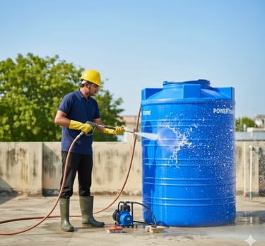 Professional worker using a high-pressure washer to clean a large blue plastic water storage tank on a rooftop.
