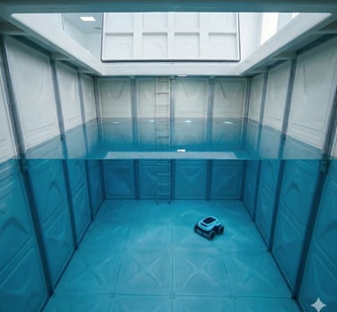 Automatic robotic pool cleaner vacuuming the bottom of a large industrial water storage tank.