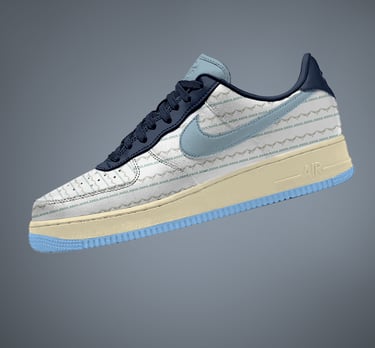 Free Nike Sneaker mockup with side view of patterned design, soft blue swoosh, and cream sole on gra