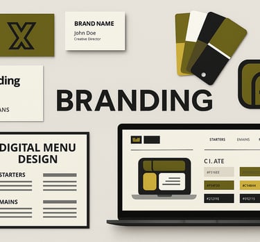 Branding design collage featuring logo mockups, digital menu layouts, business card designs