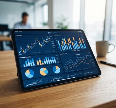 Close-up of a modern tablet displaying clean financial charts and credit risk analysis graphs on an office desk, bright natural daylight, professional blue tones
