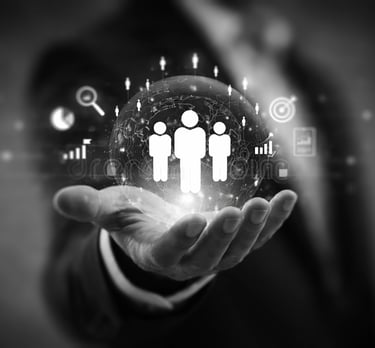 a hand holding a modern graphics the represents people and technology