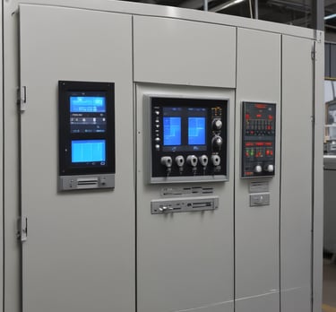Engineer adjusting a complex PLC control panel in a factory setting.