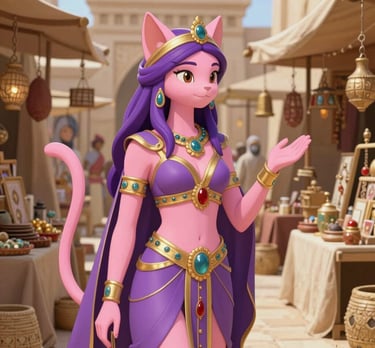 A vibrant cat toy shaped like a golden lion from ancient Mesopotamia, resting on deep blue silk.