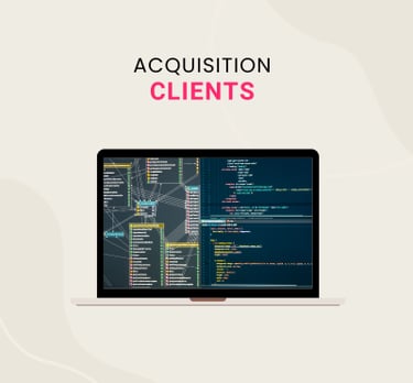 Laptop displaying client acquisition software code and data network for business growth.