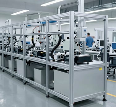 Industrial aluminum profile production line with workers assembling structural frames