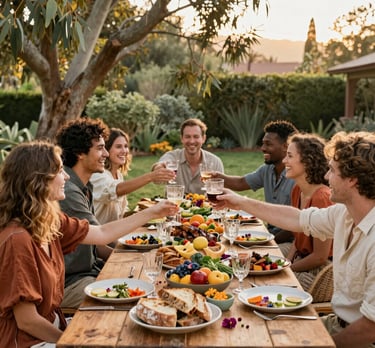 A warm, rustic outdoor table set with vibrant farm-to-table dishes in terracotta and eucalyptus tones.