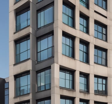 Modern apartment building with balconies and greenery around