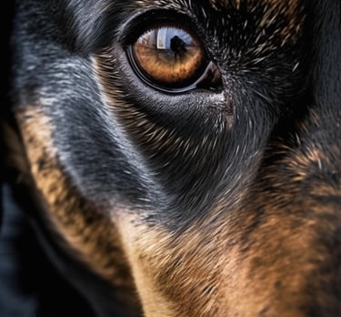 a dog is looking at the camera and the eyes are brown