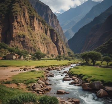 Scenic view of Apu Garden Lodge nestled in lush greenery with the Sacred Valley mountains in the background.