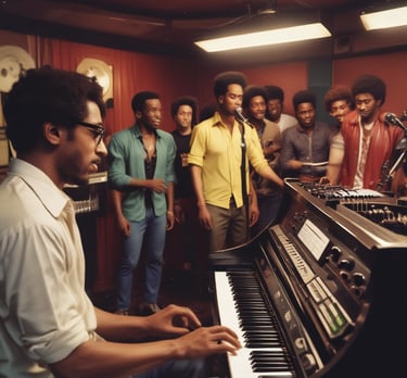 A musician playing keyboard in a gospel band setting with vibrant lighting.