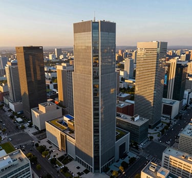 Aerial view of a vibrant business district with modern architecture. Golden hour sunlight casting long shadows. High-end urban photography.