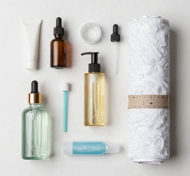 Luxurious body care products with golden accents on white surface.