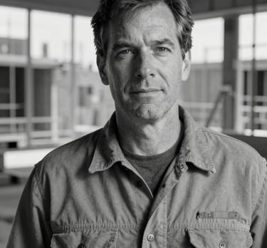A professional black and white portrait of a man in his 50s with a focused, experienced expression, wearing a practical work shirt, standing against the backdrop of a North American studio construction site.