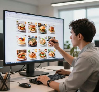A professional designer in a bright North American office, working on a layout of food-related social media posts on a large screen.