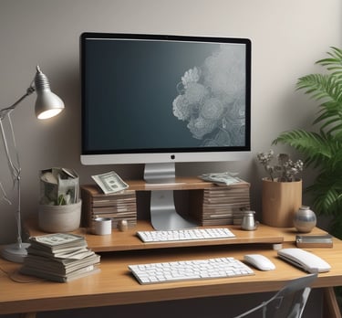 A creative workspace with a laptop displaying ad designs and notes scattered around.