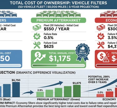 Total cost of ownership comparison showing OEM, premium, and economy filter costs over 50,000 miles