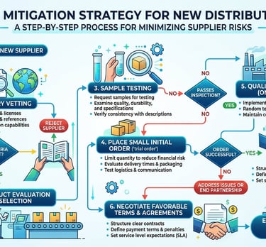 Risk mitigation strategy infographic for new distributors showing quality verification and safety measures