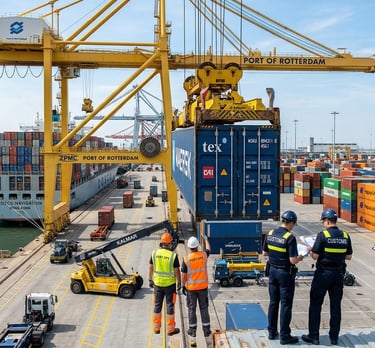 Busy international port with shipping container being unloaded from cargo vessel by large crane