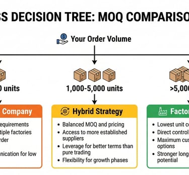 Decision tree showing when to choose factory direct vs trading company based on order volume