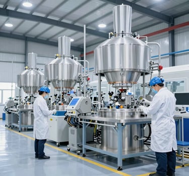A stainless steel production line with technicians in lab coats monitoring machinery in a high-tech industrial setting
