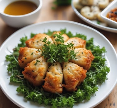 Close-up of freshly hand-pounded squid sausage on a rustic wooden board.
