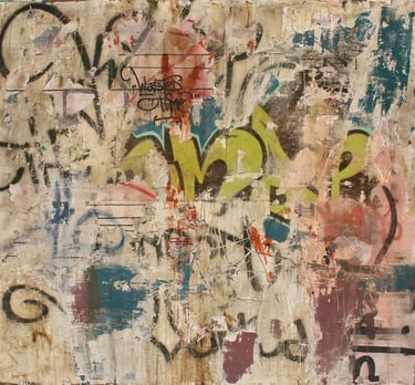 Abstract urban mixed media painting with layers of street art graffiti, torn paper, and textured acrylic paint.