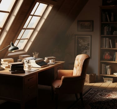 Quiet publishing space with books and writing desk shows editorial process of an independent press