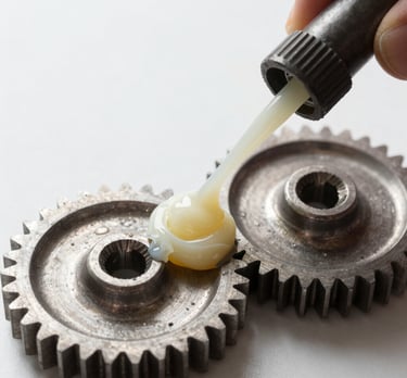 A technician applying thick grease to a large mechanical gear in an industrial plant.