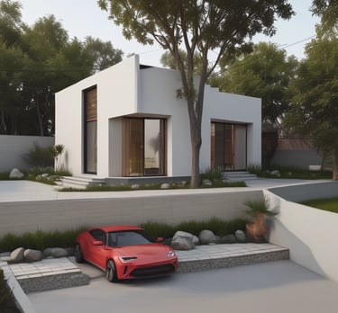 Cozy prefabricated home with large windows and a small garden, showing efficient use of space.