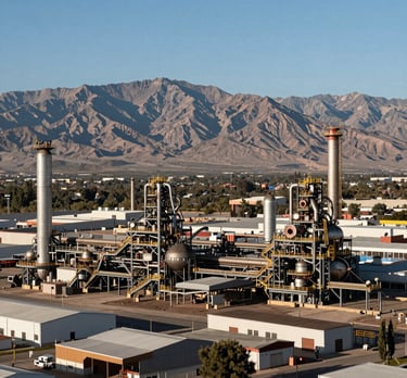 Wide professional shot of an industrial park in Mendoza with the Andes mountains in the background, daytime, clear sky.