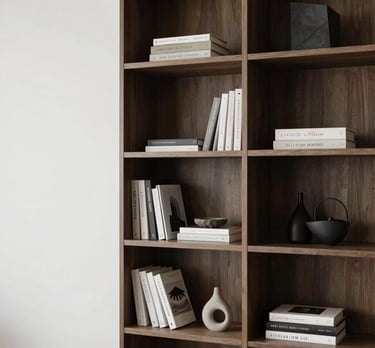 A modern bookshelf integrated into a white wall, containing architectural books and small sculptures. Elegant and minimalist.