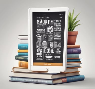 An open e-book reader showing a crisp, modern book cover with white and black tones, resting on a wooden surface.