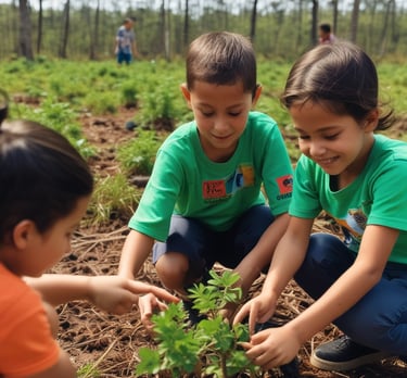 Children engaged in a community education workshop outdoors.