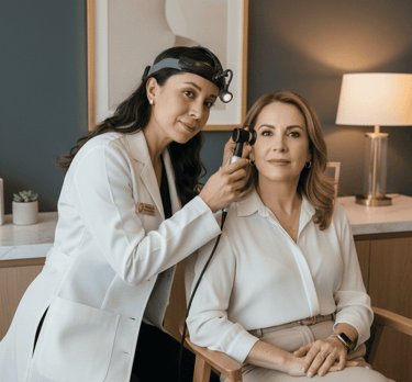 Doctora otorrinolaringóloga con bata realizando una consulta de otorrinolaringología