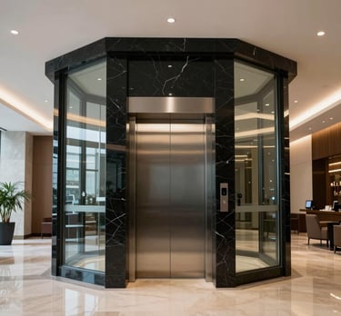 A wide-angle interior shot of a sophisticated, modern corporate lobby in India, featuring a glass-enclosed elevator with minimalist black marble accents.
