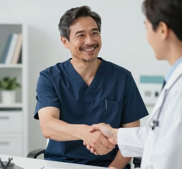 A welcoming medical professional smiling while holding a smartphone displaying a health app interface.