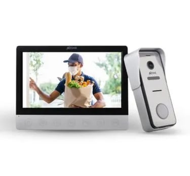 Smart video door phone system showing a delivery man on the indoor monitor screen.