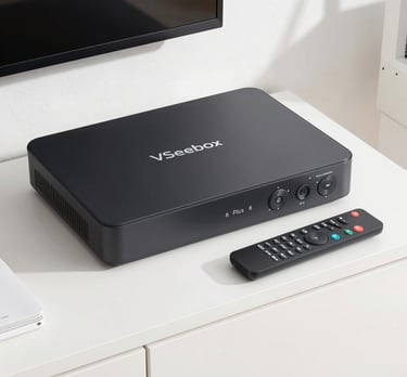 Close-up of the sleek Vseebox streaming device glowing softly on a modern wooden table.