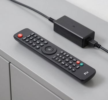 User holding a remote control with the Vseebox interface visible on a bright screen in the background.