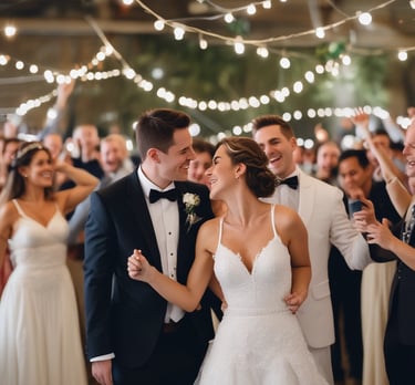 A romantic outdoor wedding setup with soft fairy lights and elegant floral arrangements.