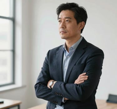 An editorial portrait of a creative director in a minimalist studio. They are looking thoughtfully off-camera, dressed in sophisticated, professional attire. The setting is clean and well-lit with natural North American daylight.
