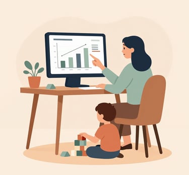 A professional woman working on a laptop with a family photo on the desk nearby.