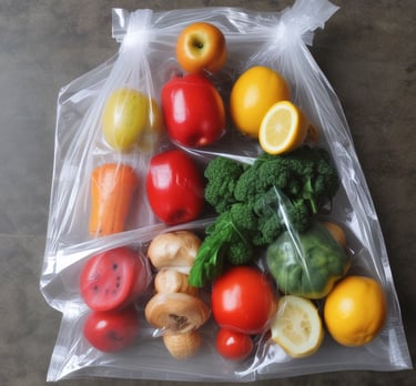 Close-up of colorful plastic bags neatly stacked in a warehouse.