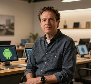 A professional portrait of the founder in a North American / US design studio. Warm lighting, sophisticated atmosphere, with Android tablets visible in the background.