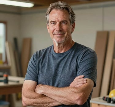 A professional portrait of Jim Murphy, an experienced builder in his 50s with a confident and kind expression, standing in a well-lit North American workshop.